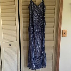 R&M Richards Elegant Navy Formal Full Length Sequined Dress